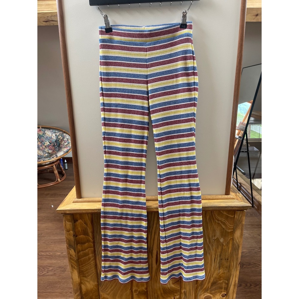 Zara Flare Pants Women Small Multicolor Striped Ribbed Knit Retro 70s